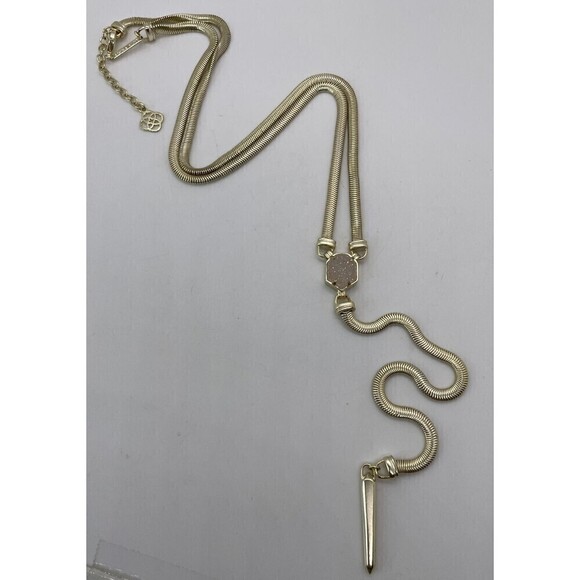 Kendra Scott Starla Necklace Gold Tone Pink White Iridescent Druzy Gem Y Shape - Picture 4 of 4